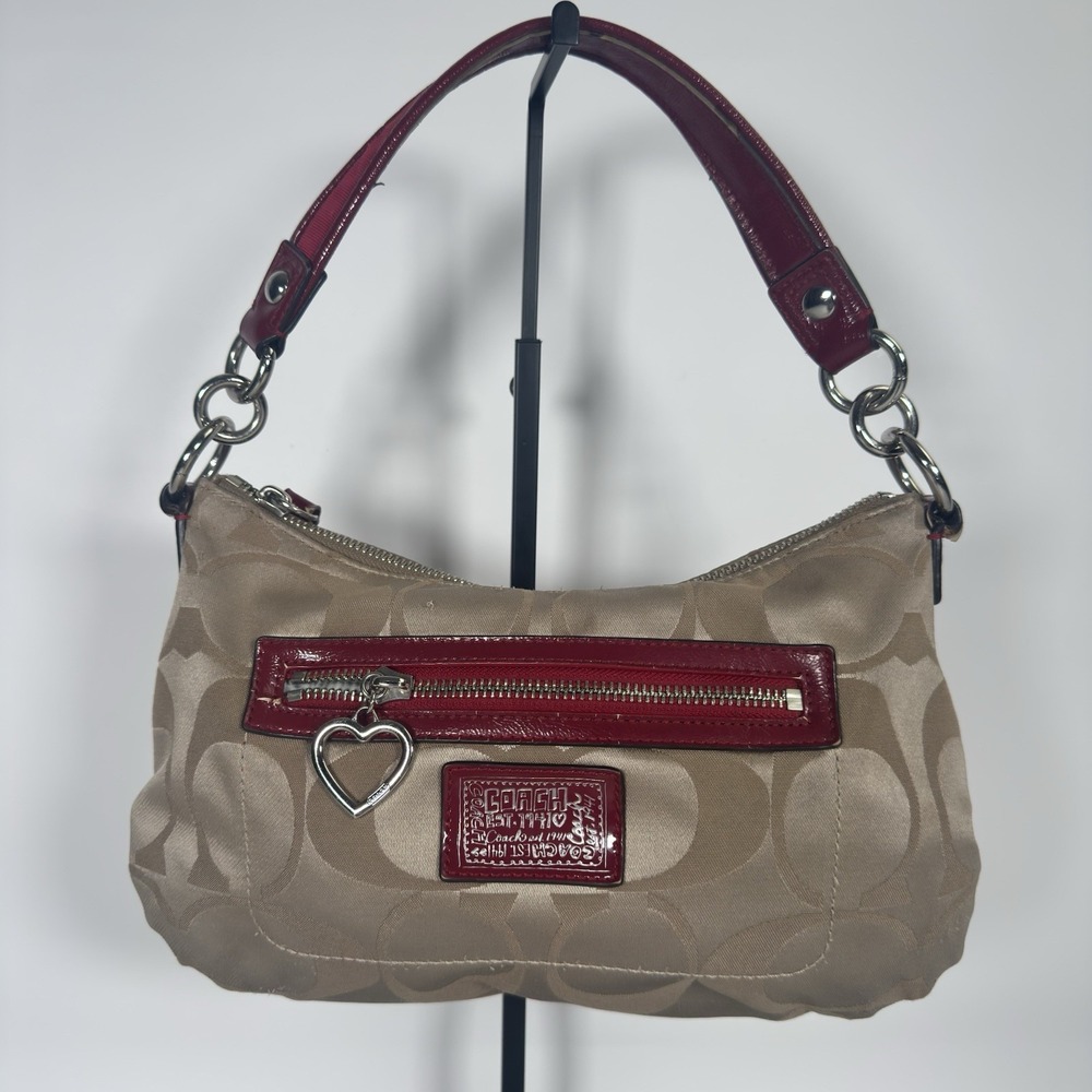 COACH Poppy Signature Shoulder Bag Purse Beige Red F20044